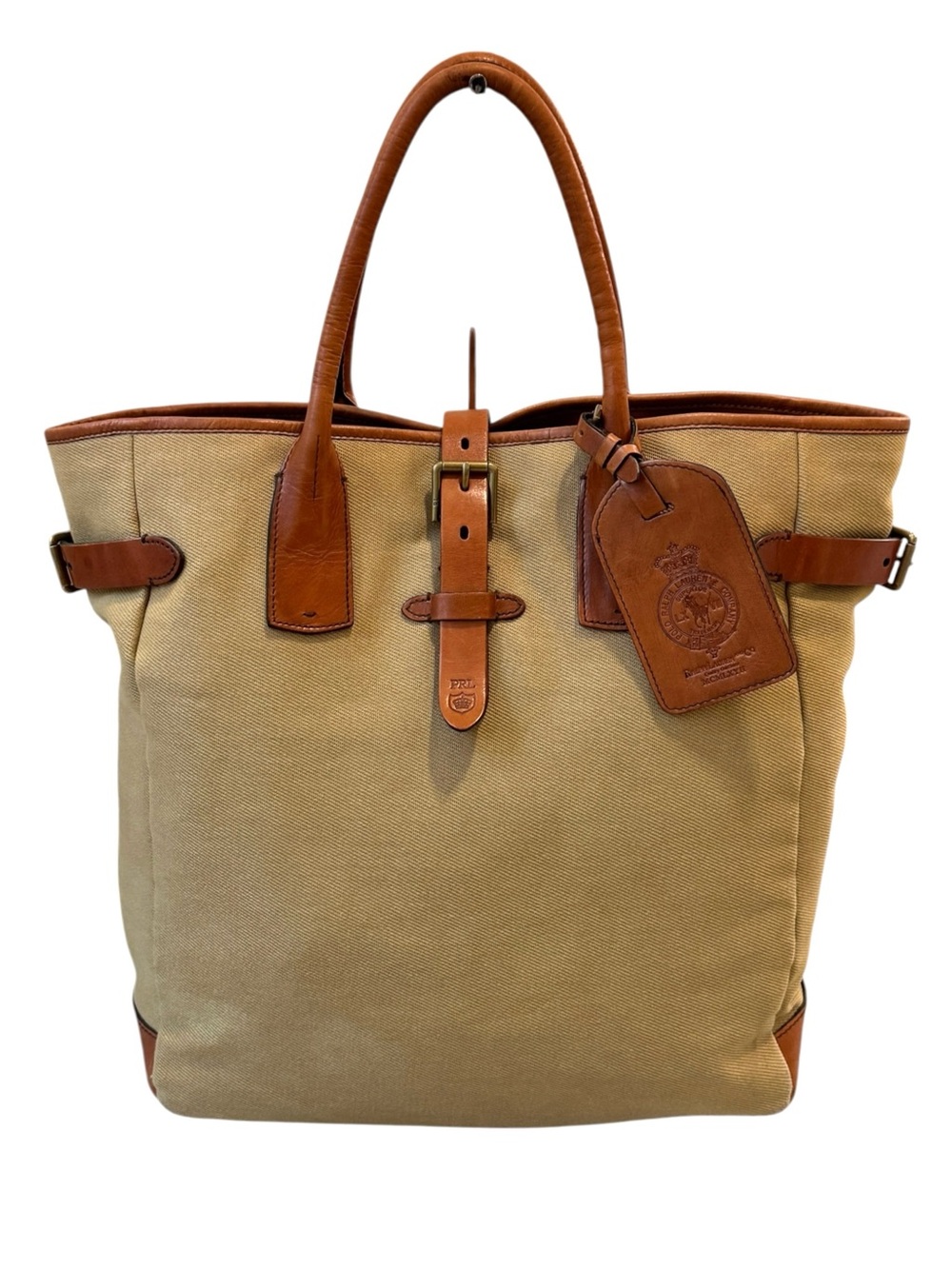 Polo Ralph Lauren Khaki Canvas & Brown Leather Tote Shopper Bag Large *Stained